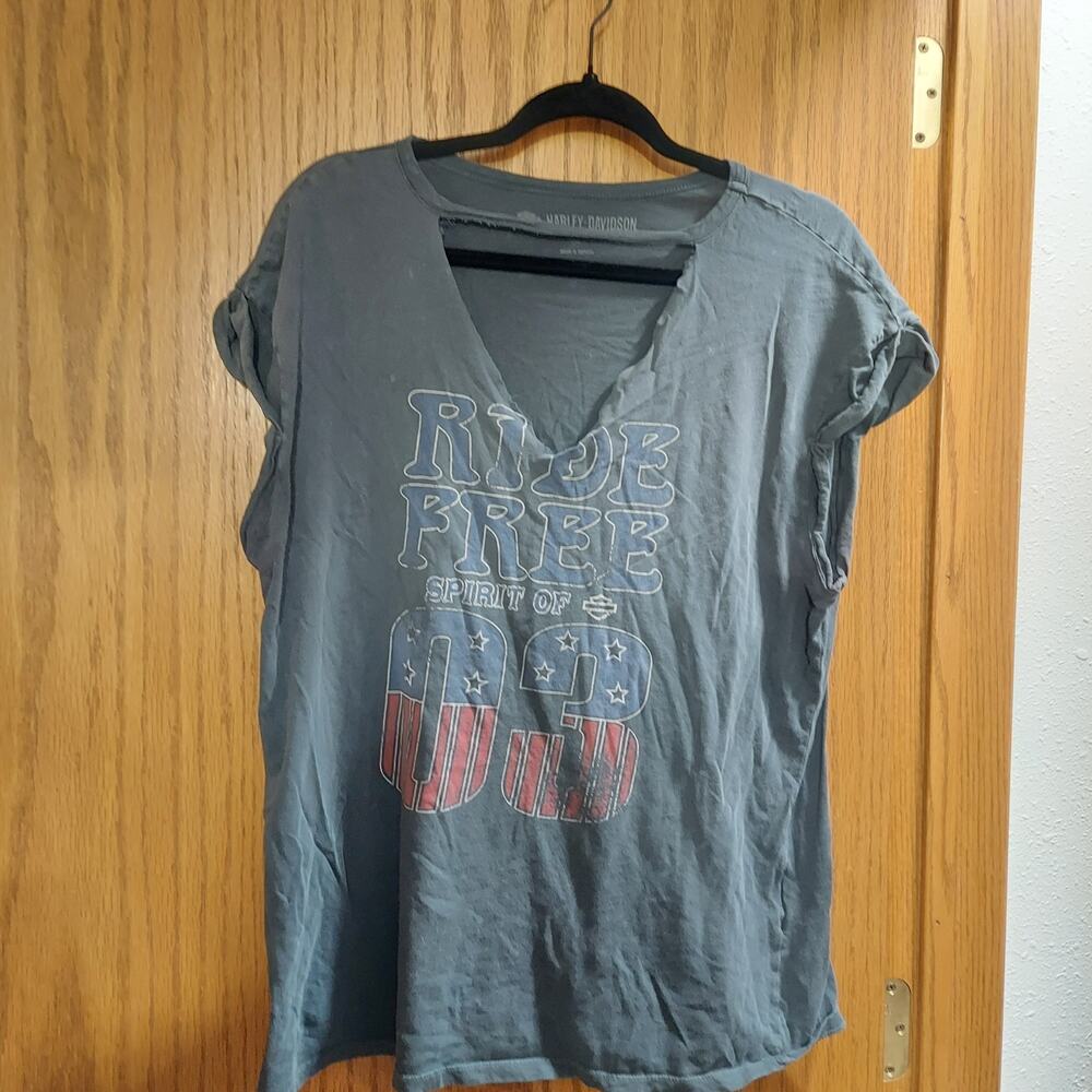 Harley Davidson gray Ride Free american flag V-neck Short Sleeve Top XL